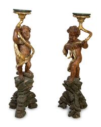 A Pair of Italian Painted and Parcel Gilt Figural Torcheres — 18TH CENTURY
