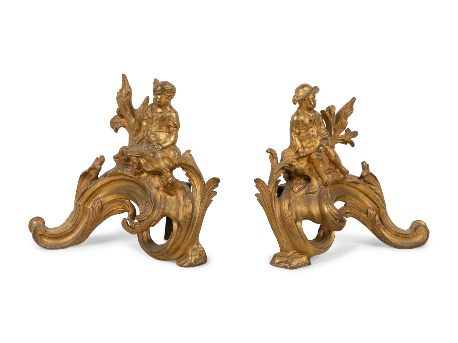 A Pair of Louis XV Style Gilt Bronze Figural Chenets