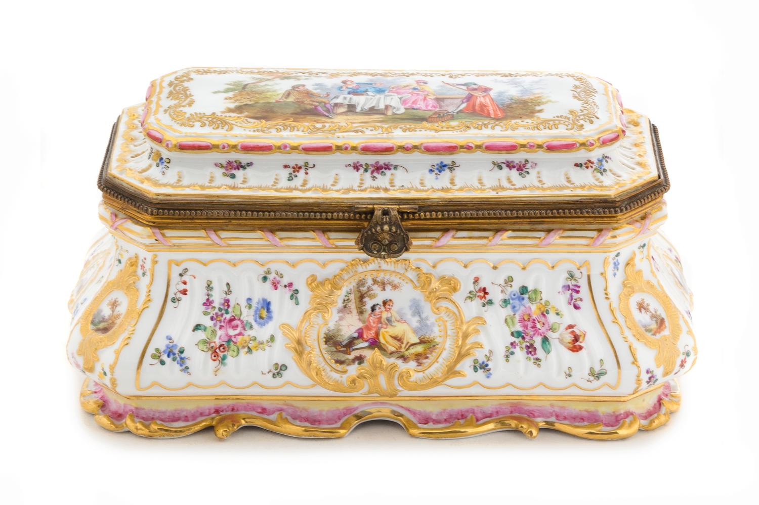 A Sevres Style Porcelain Table Casket Height 5 1/4 x width 10 inches. — RETAILED BY SPAULDING & CO., CHICAGO