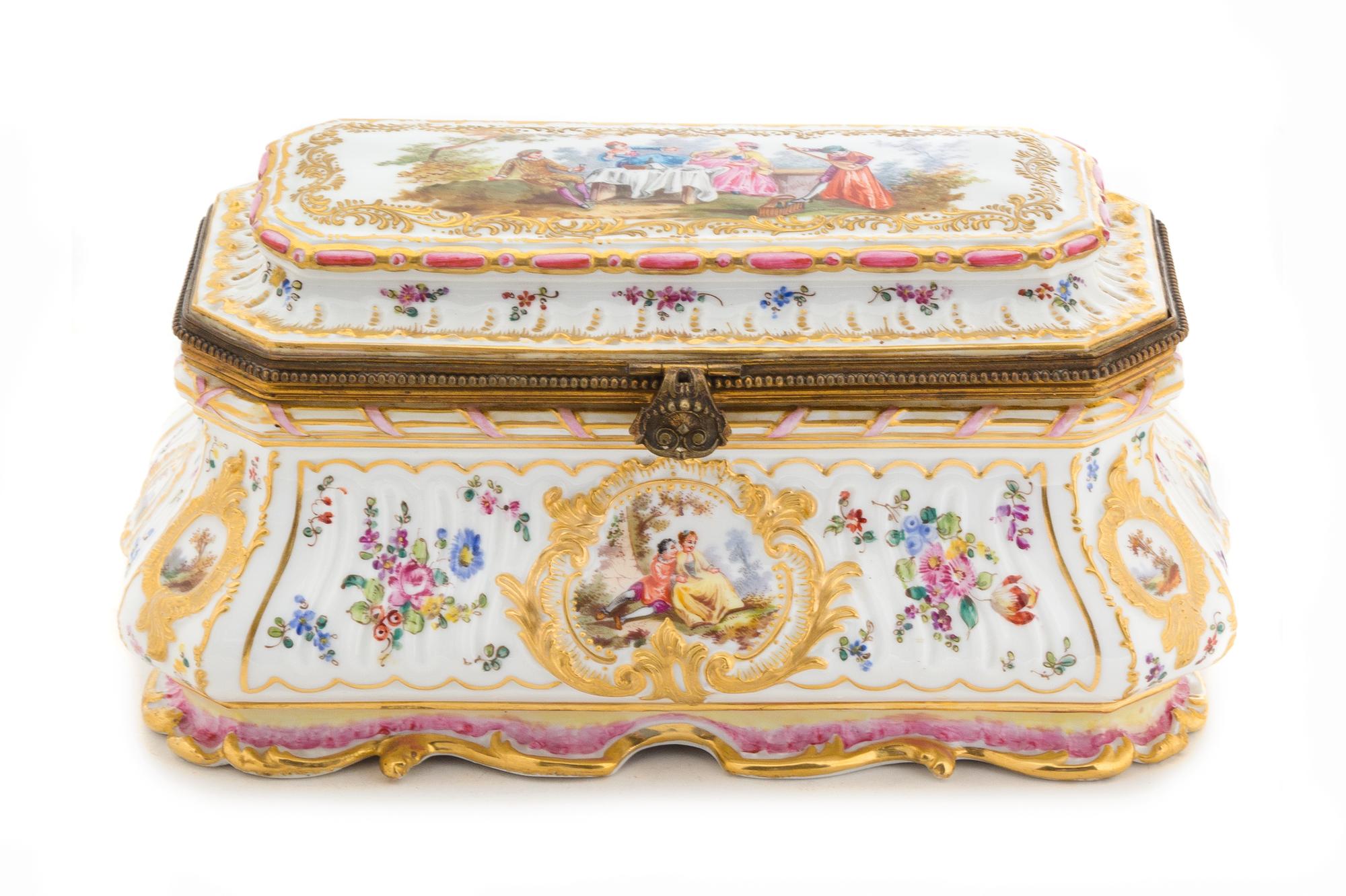 A Sevres Style Porcelain Table Casket Height 5 1/4 x width 10 inches. — RETAILED BY SPAULDING & CO., CHICAGO