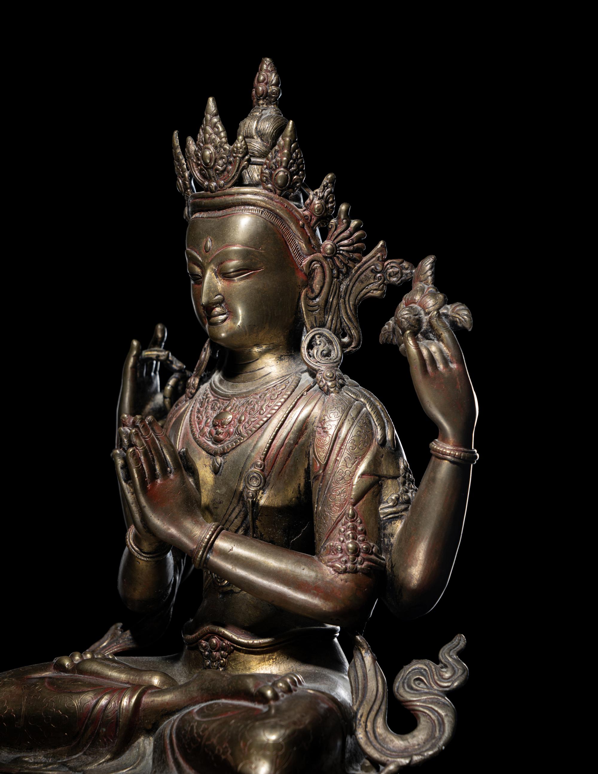 A Large Tibetan Gilt Bronze Figure of Shadakshari Lokeshvara