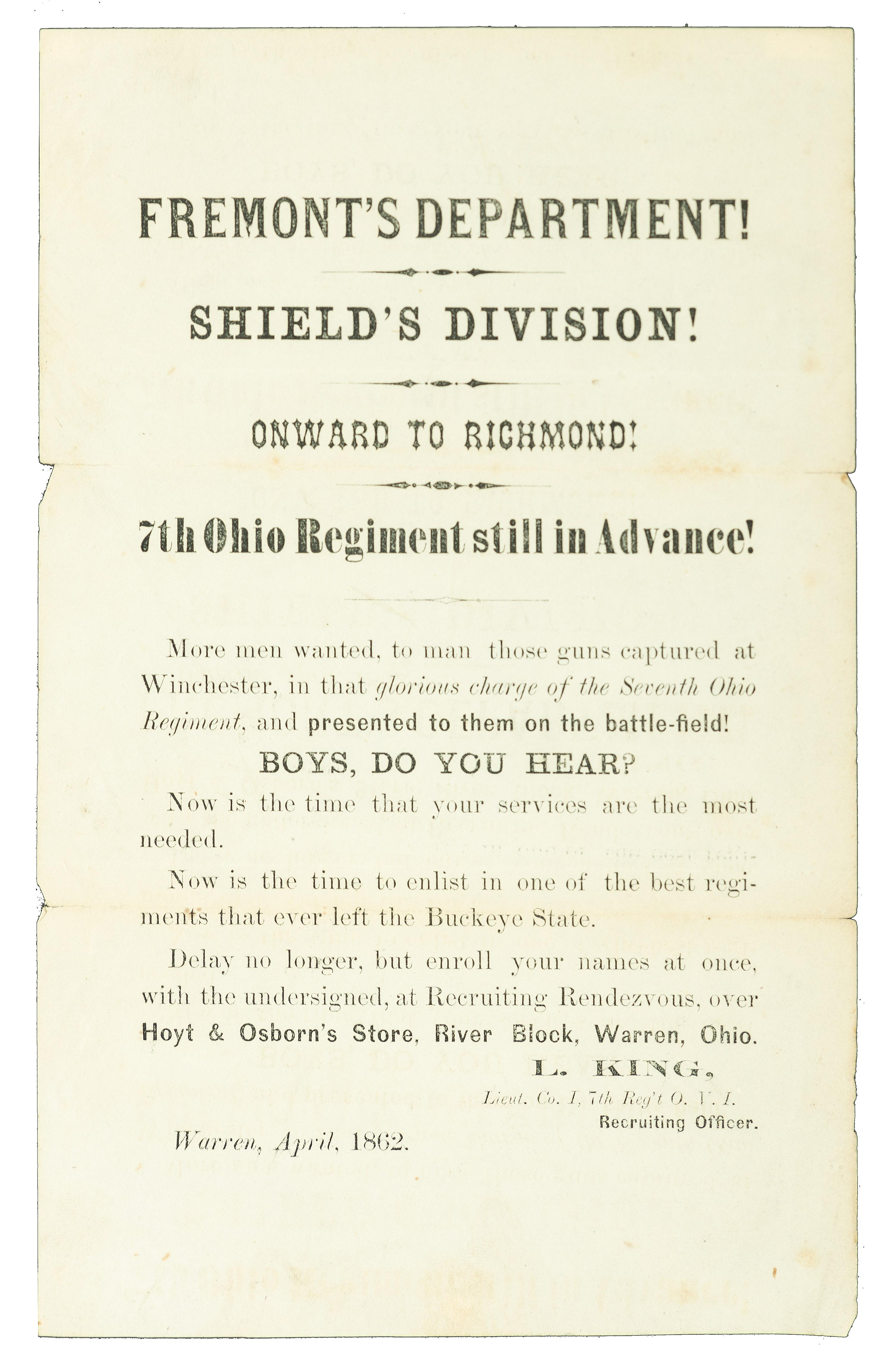 [CIVIL WAR]. Fremont's Department! Shield's Division! Onward to Richmond! 7th Ohio Regiment still in Advance! Warren [OH]: April 1862.