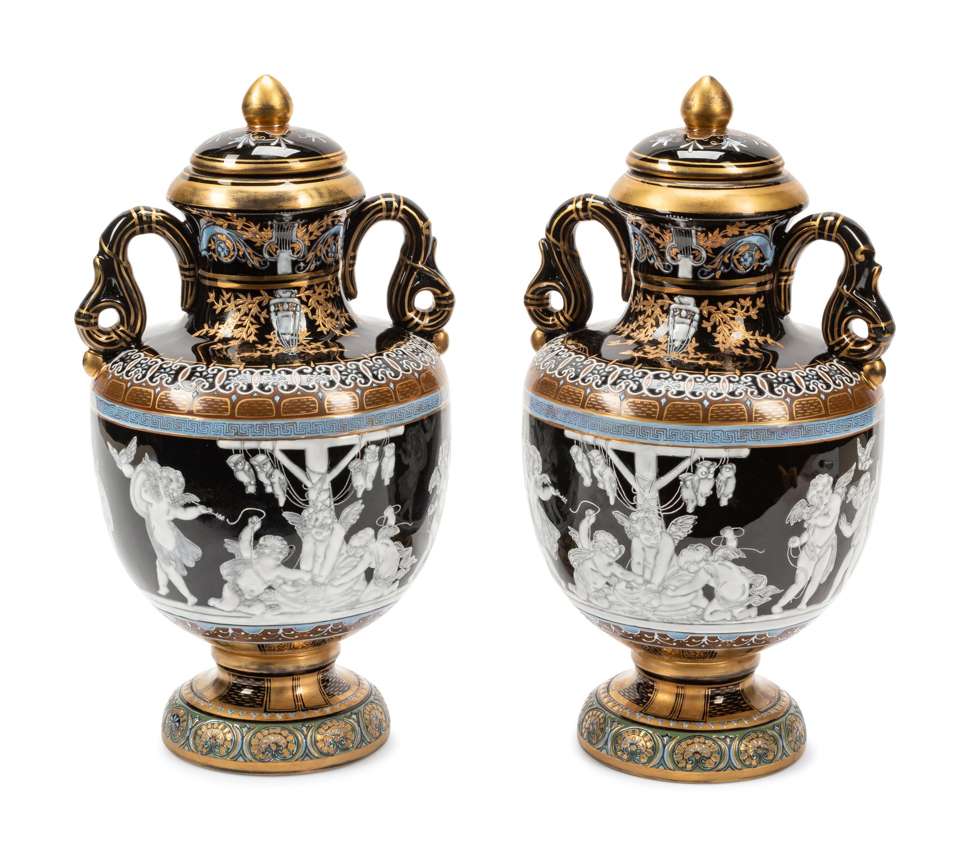 A Pair of Minton Style Porcelain Vases and Covers
