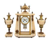 A French Onyx and Gilt Bronze Clock Garniture Height of clock 18 inches. — MOVEMENT BY FRITZ MARTI