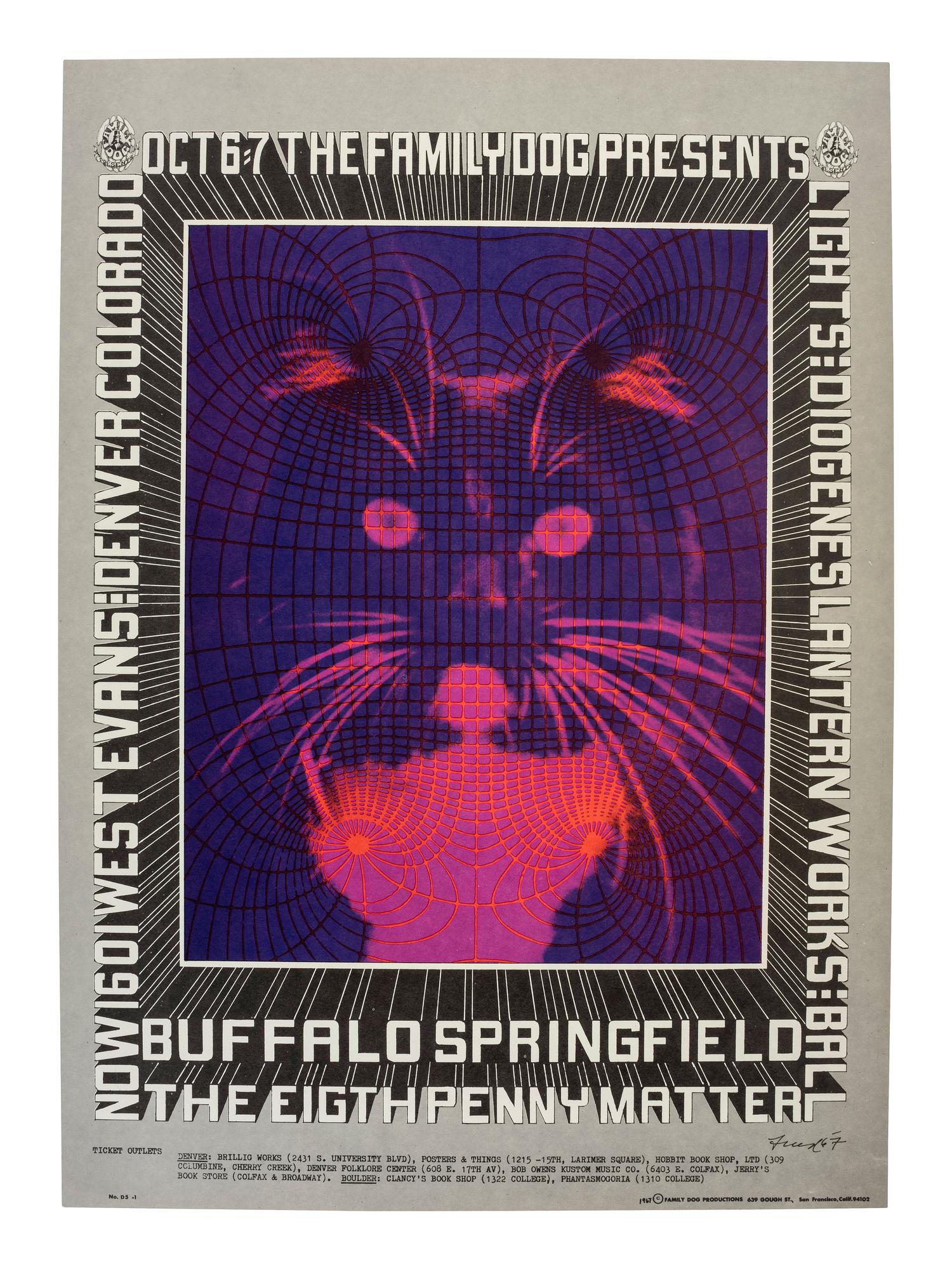[MUSIC] -- [POSTERS]. FRIED, Robert, KELLEY, Alton, and MOUSE, Stanley, artists. A group of 5 Family Dog posters from 1967 promoting shows in Denver, Colorado, comprising: