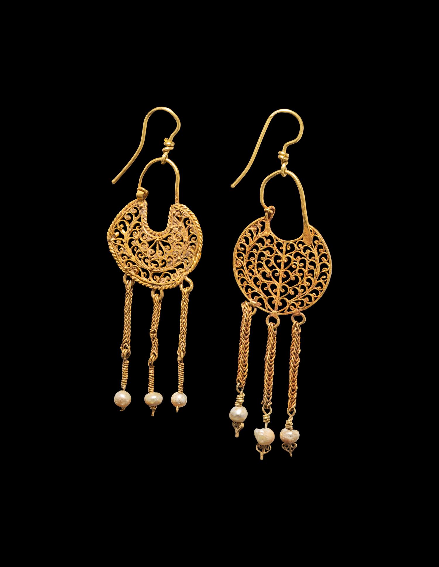 A Pair of Byzantine Gold and Pearl Openwork Earrings