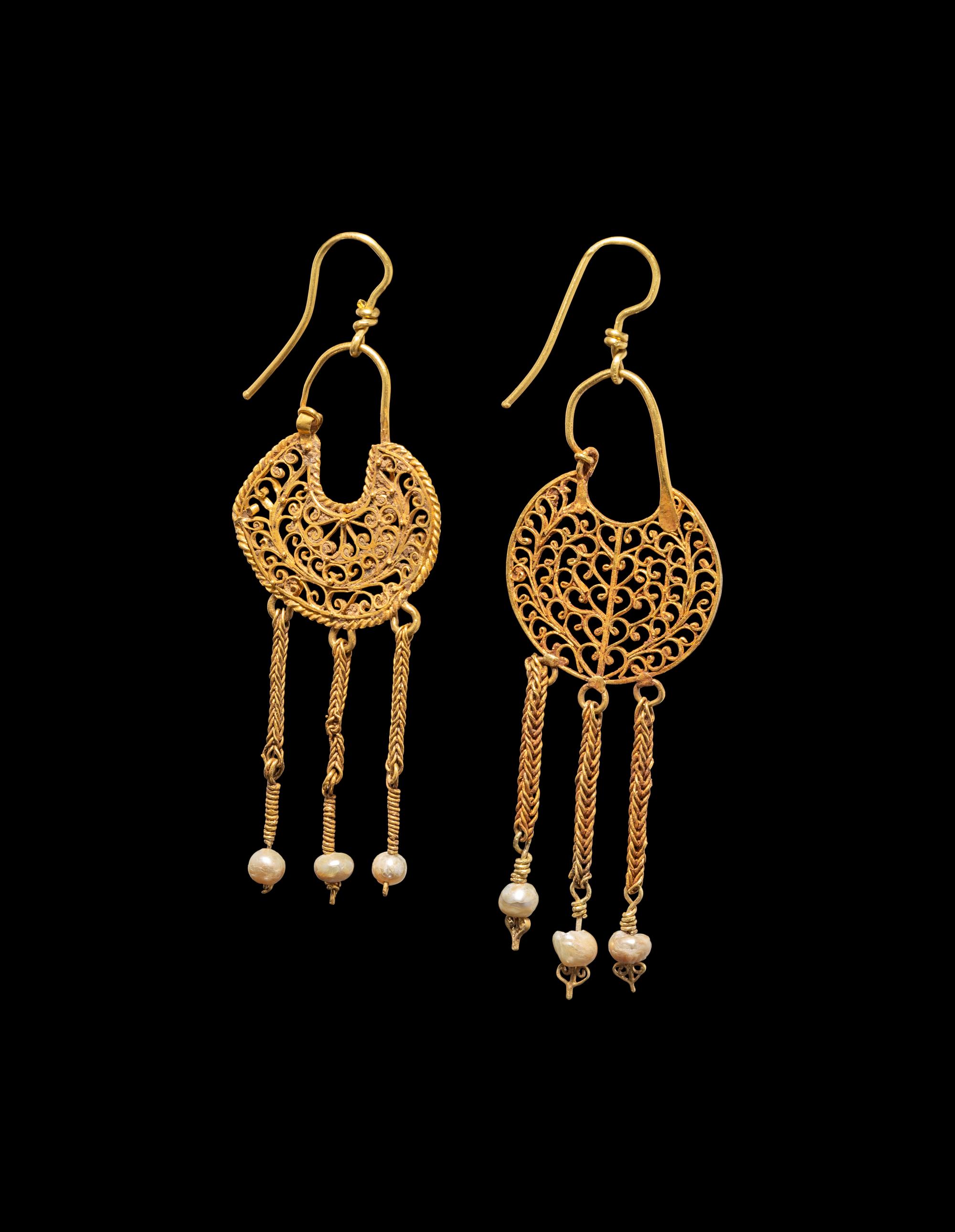A Pair of Byzantine Gold and Pearl Openwork Earrings