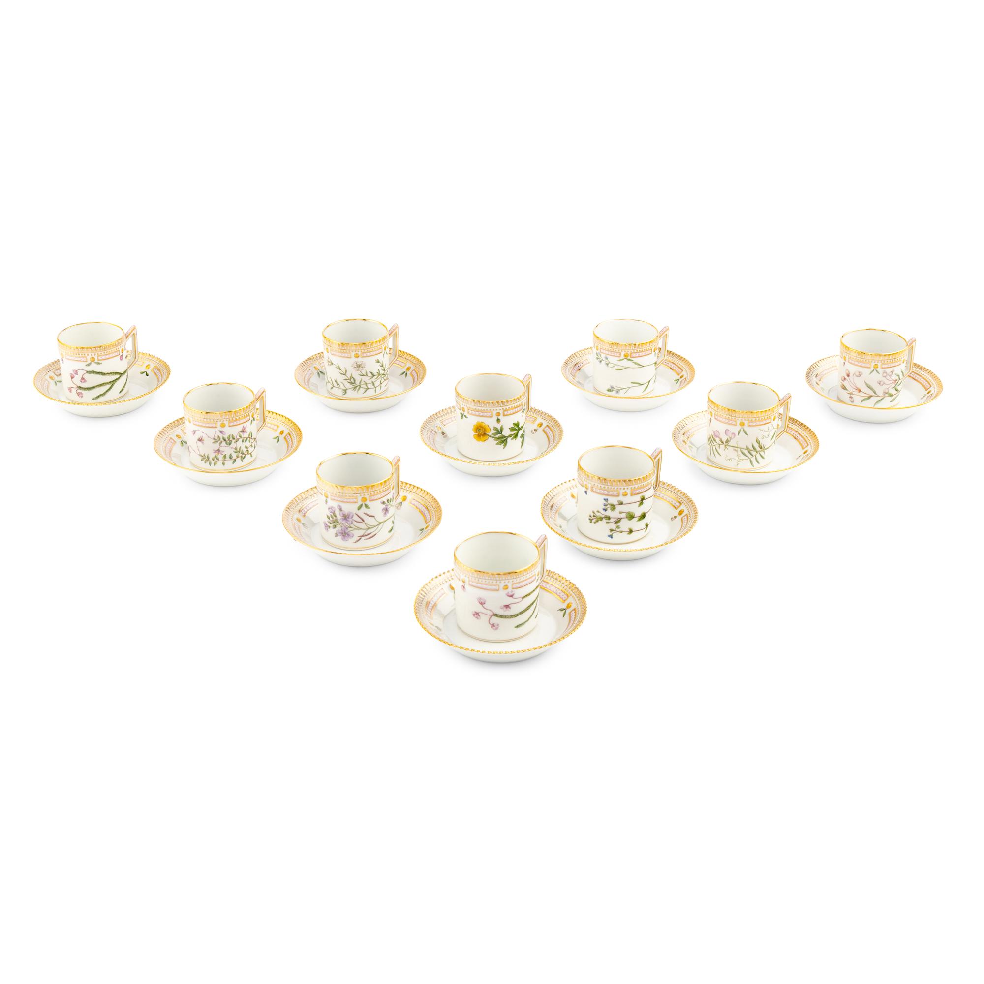 A Set of Ten Royal Copenhagen Flora Danica Porcelain Chocolate Cups and Saucers