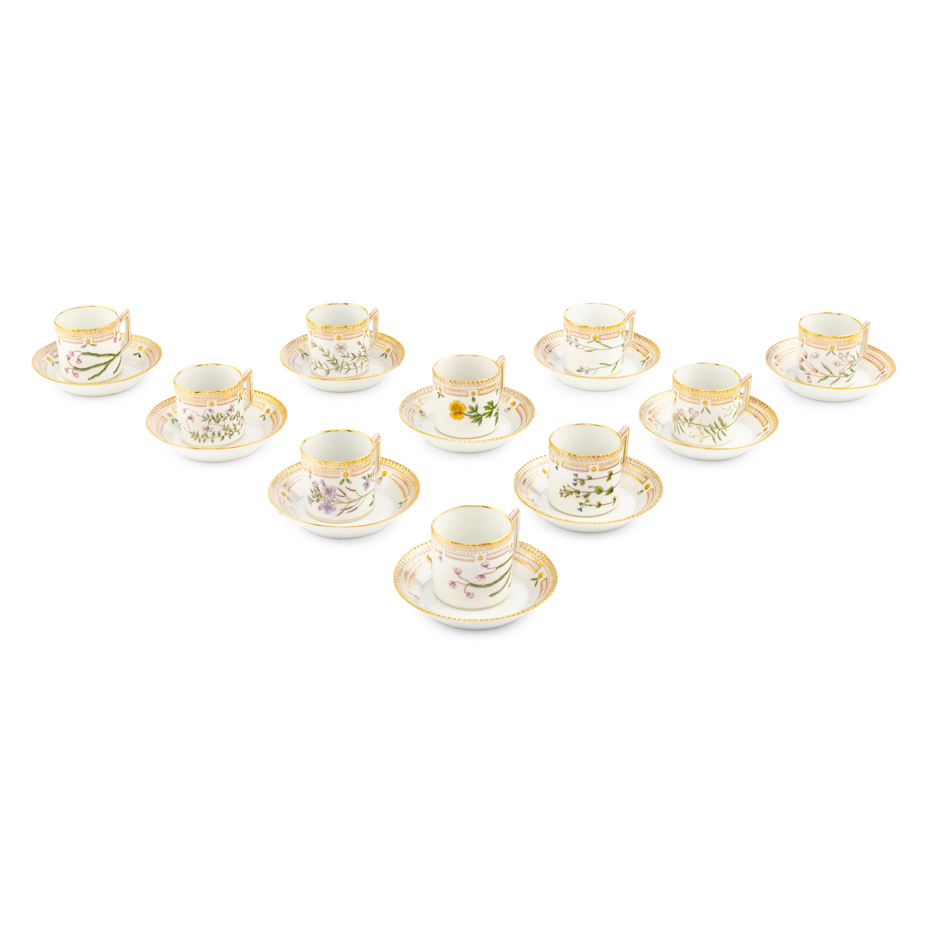 A Set of Ten Royal Copenhagen Flora Danica Porcelain Chocolate Cups and Saucers