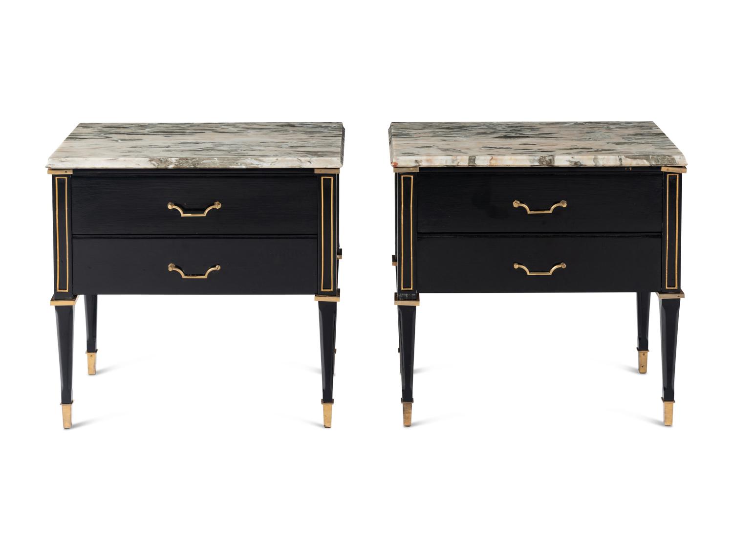 A Pair of Gilt Metal Mounted Ebonized Side Chests or Bedside Tables in the Style of Maison Jansen