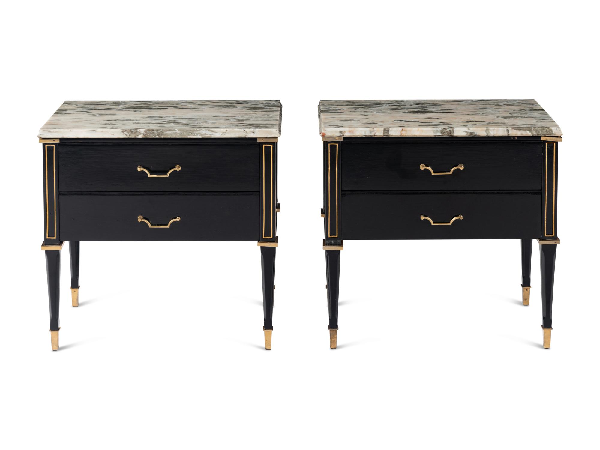 A Pair of Gilt Metal Mounted Ebonized Side Chests or Bedside Tables in the Style of Maison Jansen