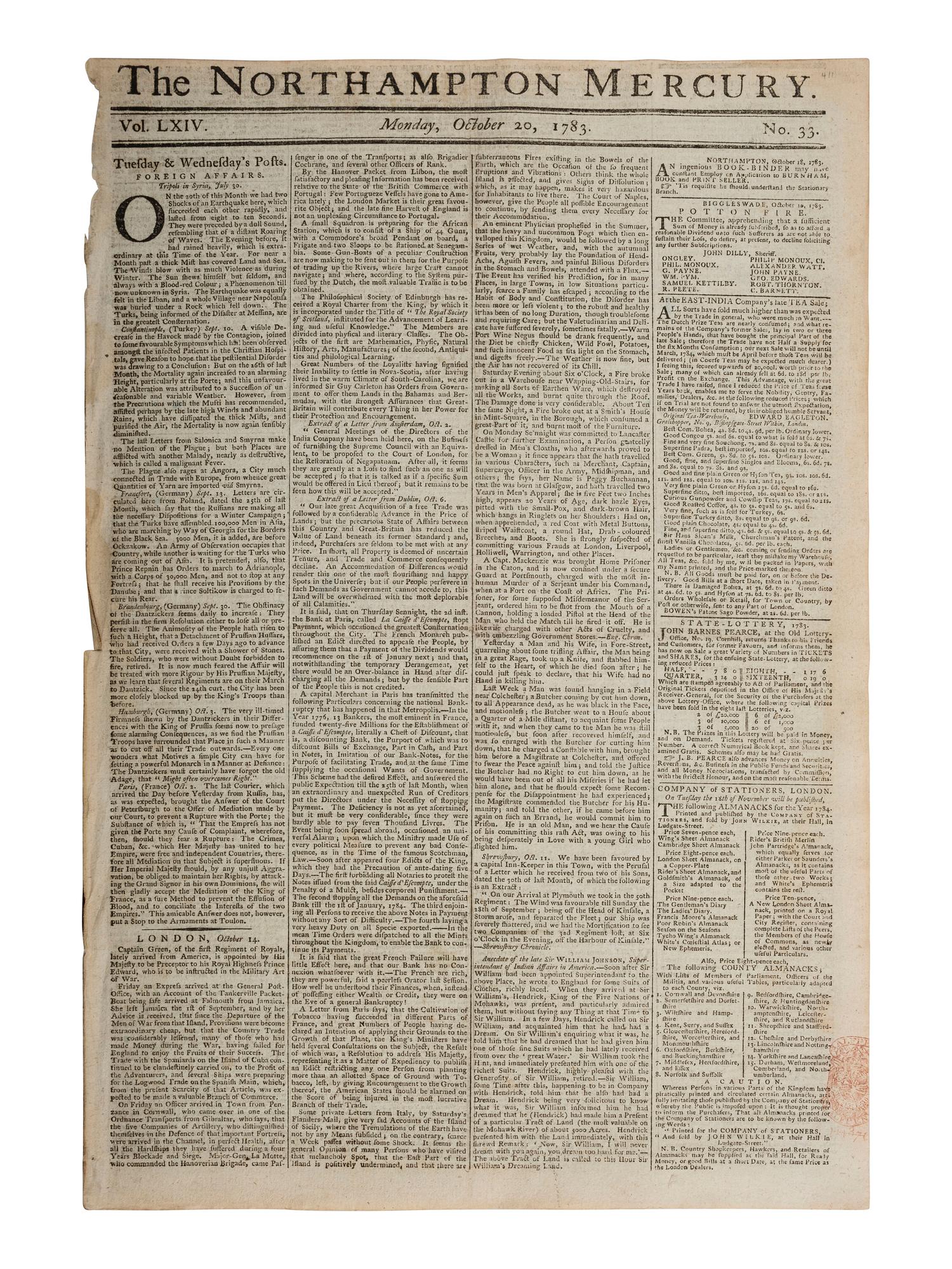 [REVOLUTIONARY WAR]. Northampton Mercury . Vol LXIV, Nos. 30-33. London, 29 Sept. - 20 Oct. 1783.