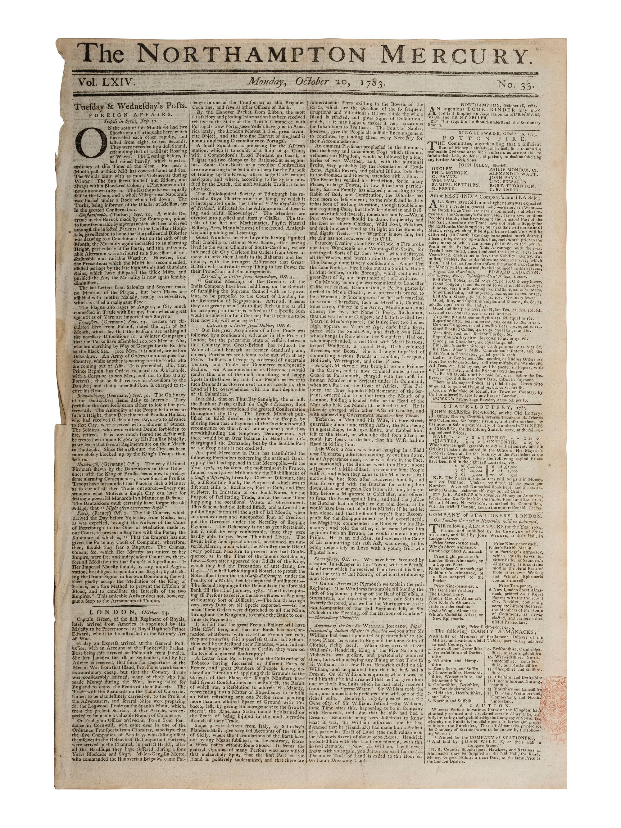 [REVOLUTIONARY WAR]. Northampton Mercury . Vol LXIV, Nos. 30-33. London, 29 Sept. - 20 Oct. 1783.