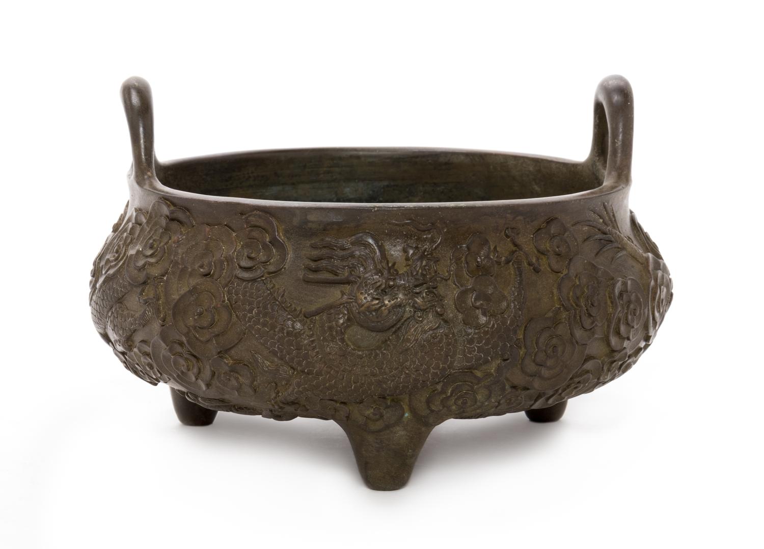 A Chinese Bronze 'Dragon' Tripod Censer Diameter 5 1/2 inches. — 20TH CENTURY