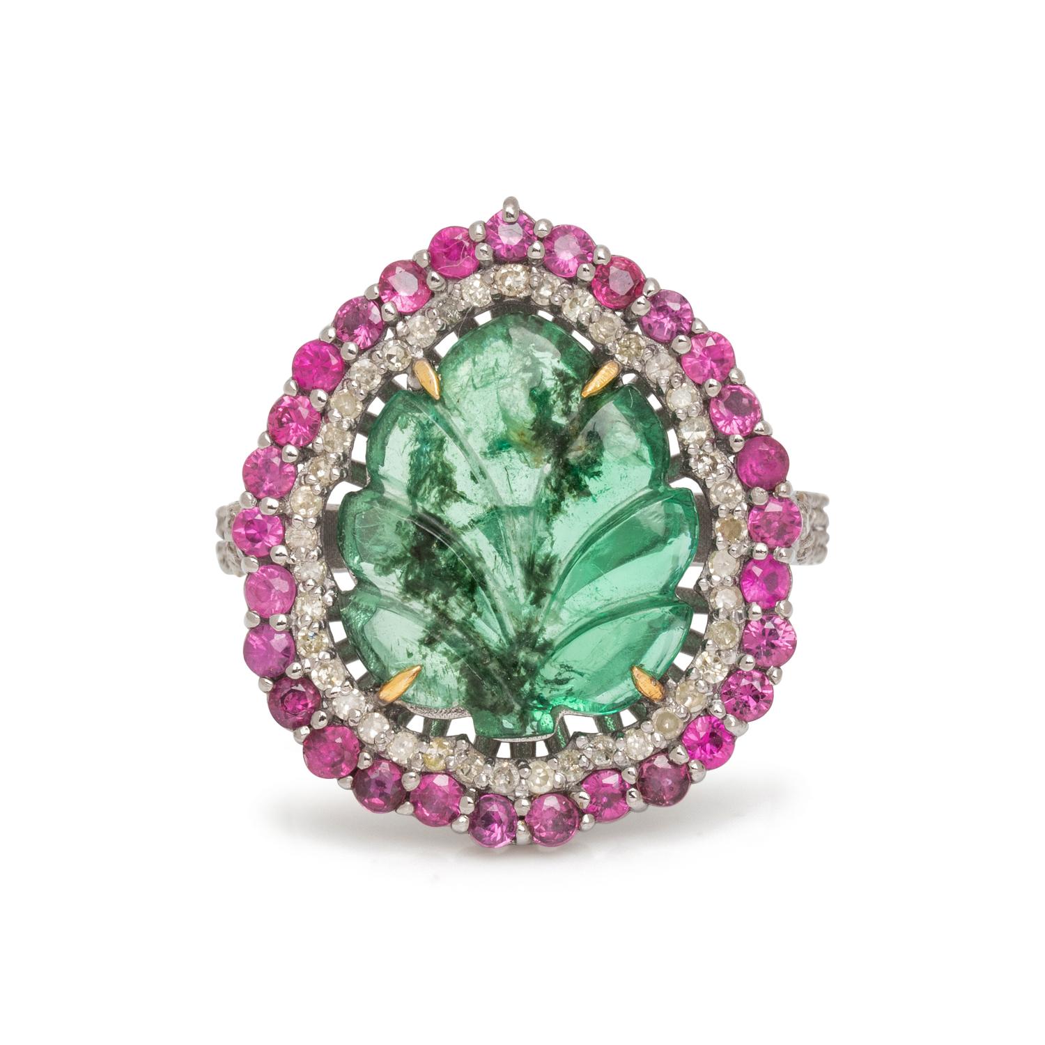 EMERALD, RUBY AND DIAMOND RING