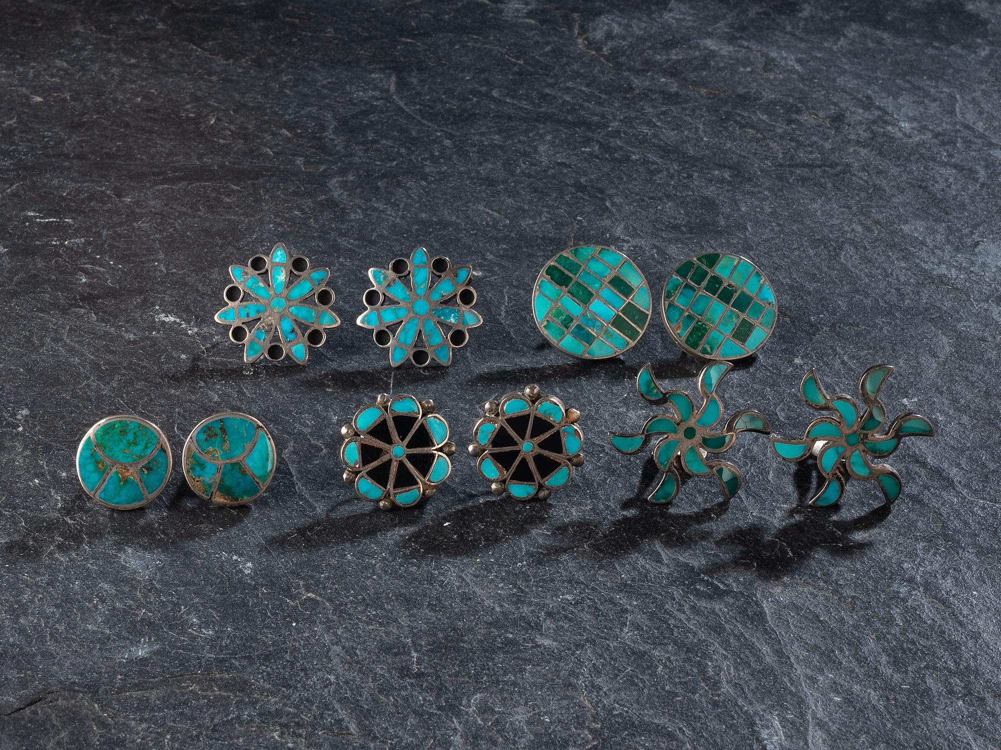 Zuni Silver and Turquoise Channel Inlay Earrings and Cuff Links