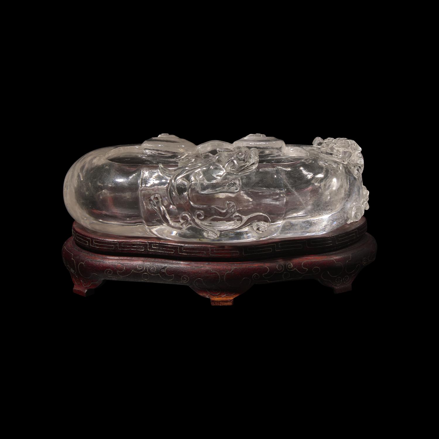 A Chinese Rock Crystal ' Qilong and Ruyi Head ' Brush Washer, 19th-20th Century 清晚期 水晶雕螭龍如意雲紋洗