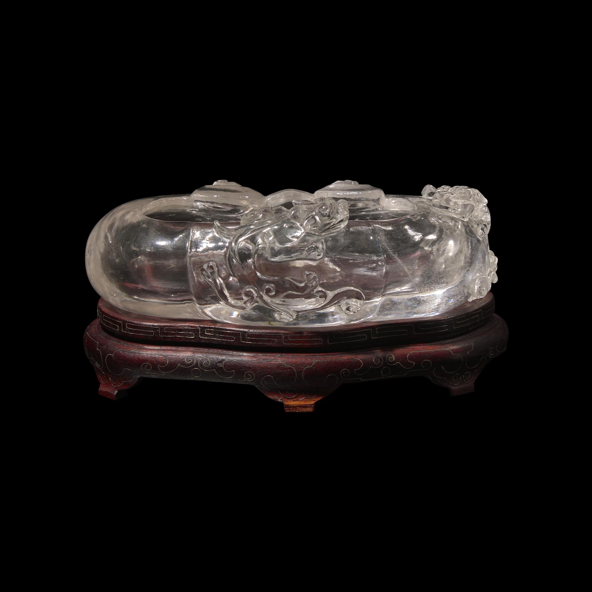 A Chinese Rock Crystal ' Qilong and Ruyi Head ' Brush Washer, 19th-20th Century 清晚期 水晶雕螭龍如意雲紋洗