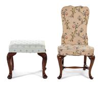 A George II Style Oak Stool and a Queen Anne Style Upholstered Side Chair