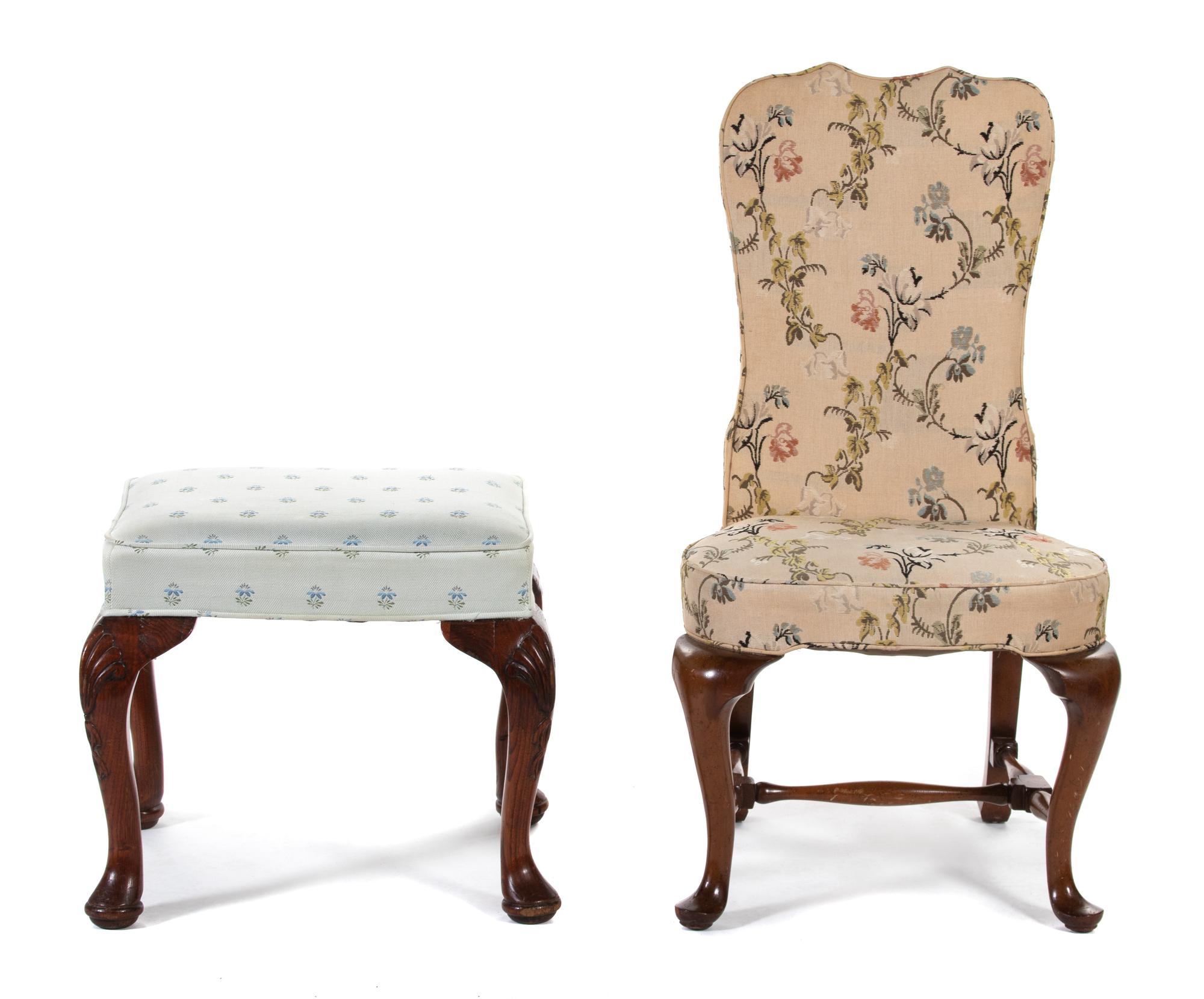 A George II Style Oak Stool and a Queen Anne Style Upholstered Side Chair