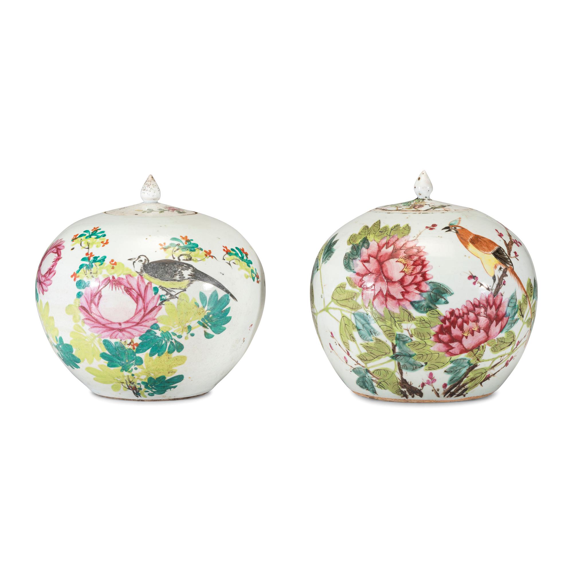 A Pair of Chinese Famille Rose Bird Decorated Porcelain Ginger Jars