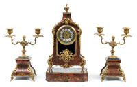 A Louis XV Style Boulle Marquetry Clock Garniture Height of clock overall 17 1/4 inches. — LATE 19TH CENTURY