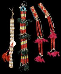 Two pairs of Sioux quillwork arm bands and a shellwork neckpiece late 19th century to mid 20th century