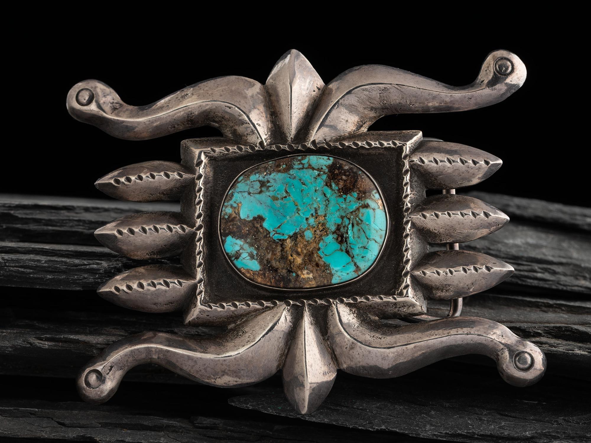 Navajo Sandcast Silver and Turquoise Belt Buckle