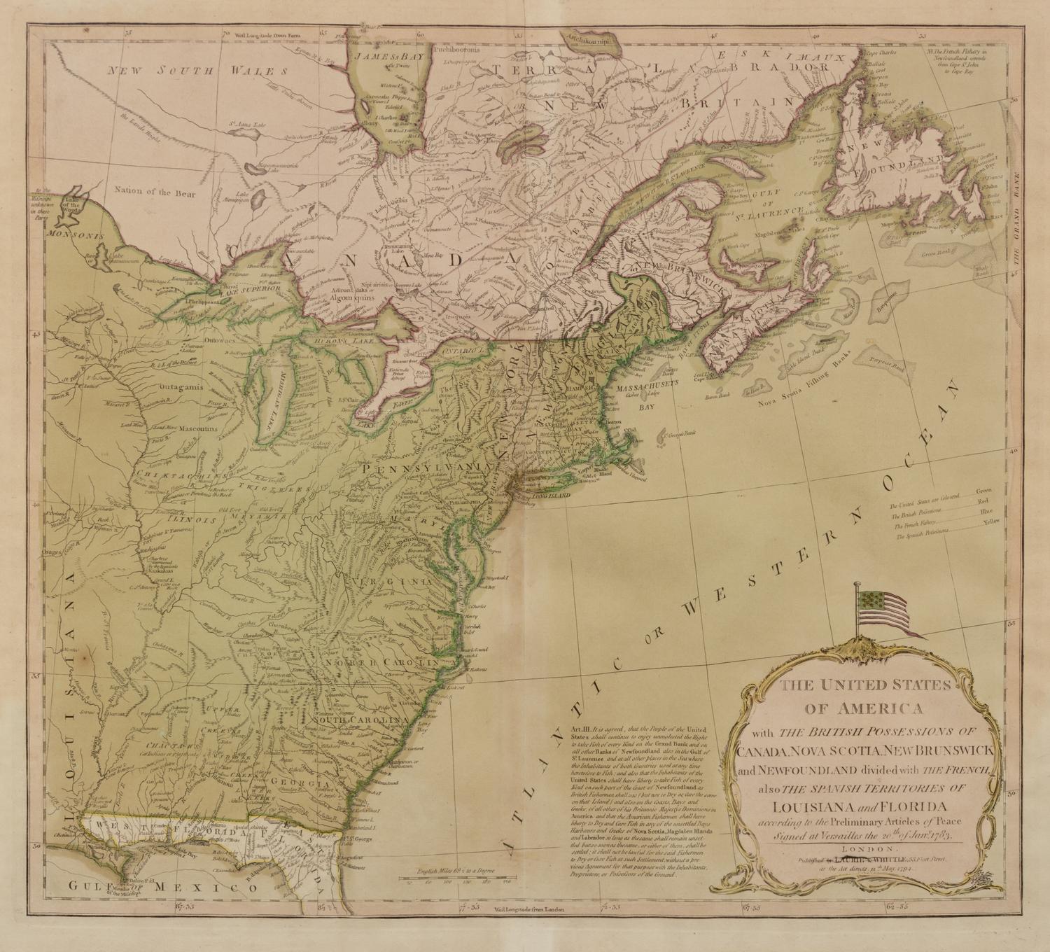LAURIE, Robert (1755-1836) and James WHITTLE (d.1818) The United States of America with the British Possessions of Canada, Nova Scotia, New Brunswick and Newfoundland divided with the French, and the Spanish Territories of Louisiana and Florida according to the Preliminary Articles of Peace Signed at Versailles the 10th of Jany. 1783 . London, 12 May 1794.