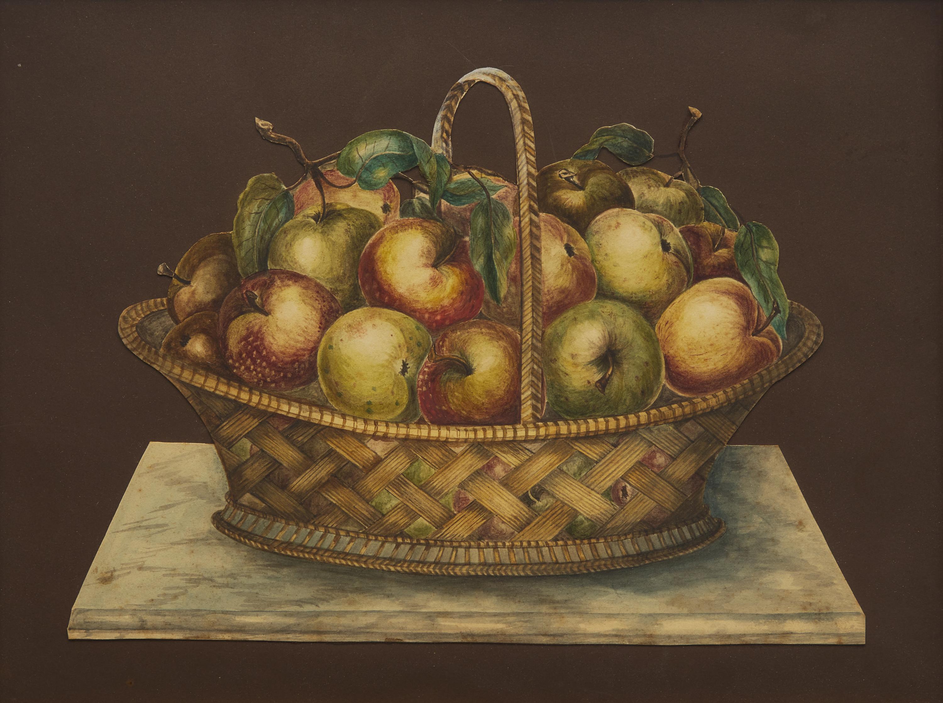 American School 19th Century, A Pair of Cut-Out Still Life Drawings: Bowl of Peaches and Basket of Apples