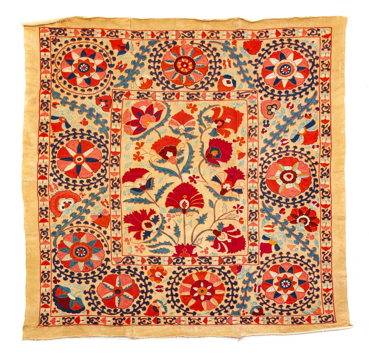 A Suzani Embroidered Panel 5 feet 2 1/2 inches x 4 feet 11 1/2 inches. — LATE 19TH/EARLY 20TH CENTURY