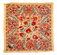 A Suzani Embroidered Panel 5 feet 2 1/2 inches x 4 feet 11 1/2 inches. — LATE 19TH/EARLY 20TH CENTURY