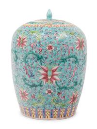 A Chinese Turquoise Ground Famille Rose Porcelain Jar