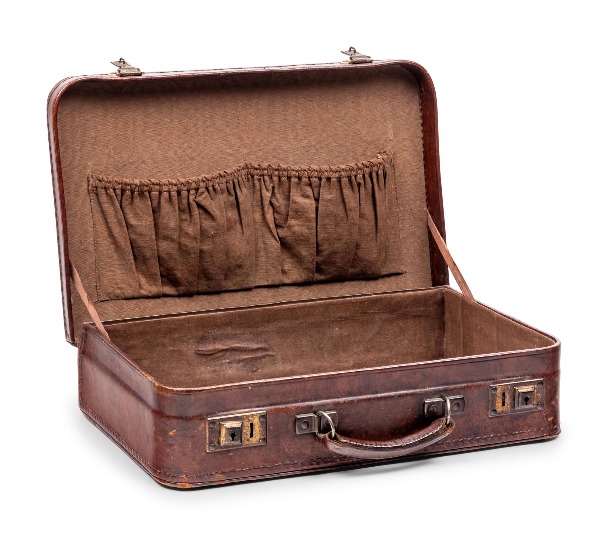 A Vintage Leather Case and Two Leather Wastebaskets