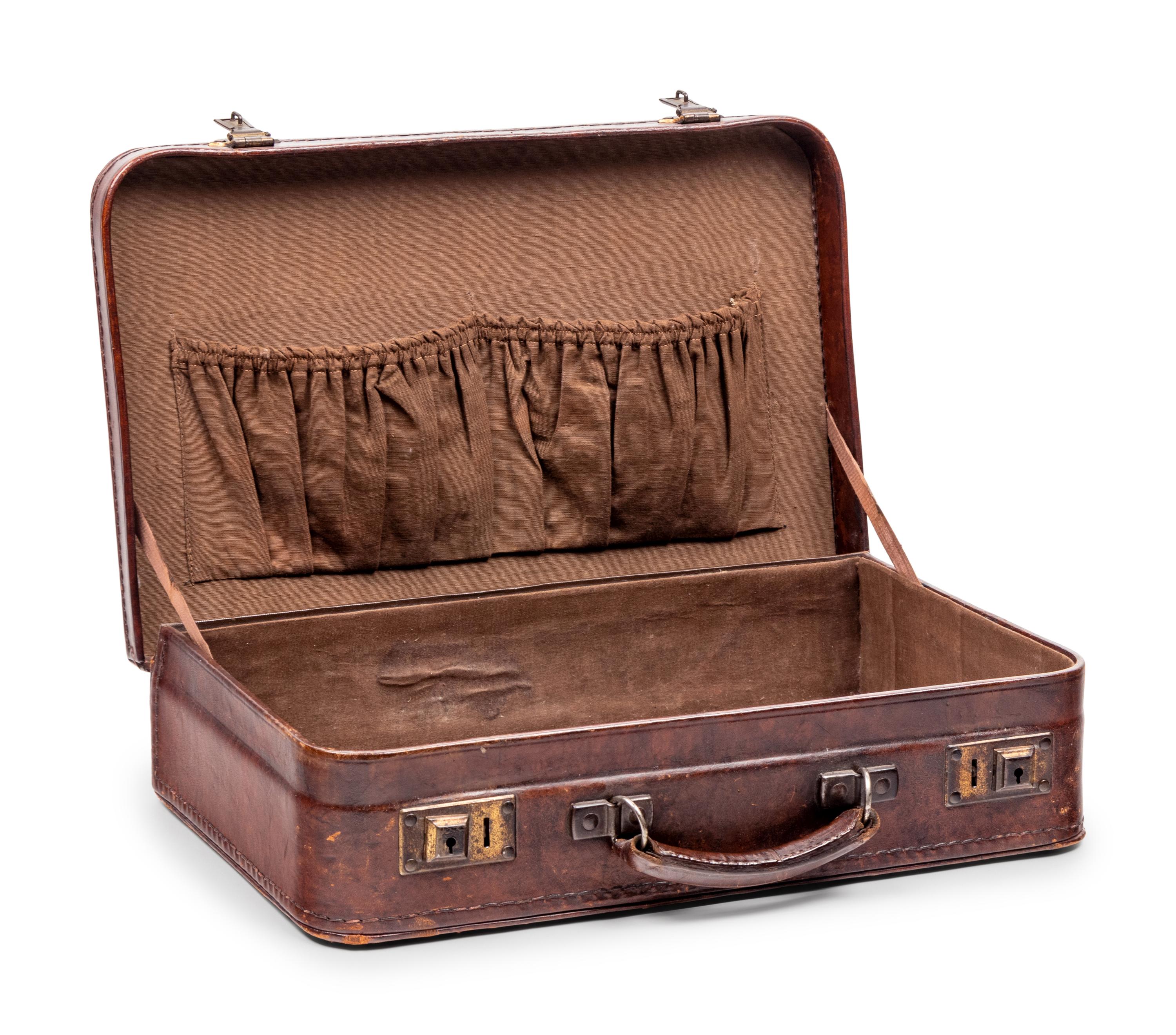 A Vintage Leather Case and Two Leather Wastebaskets