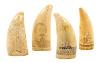 Four Engraved Scrimshaw Whale Teeth Height of tallest 5 3/4 inches. — 19TH CENTURY