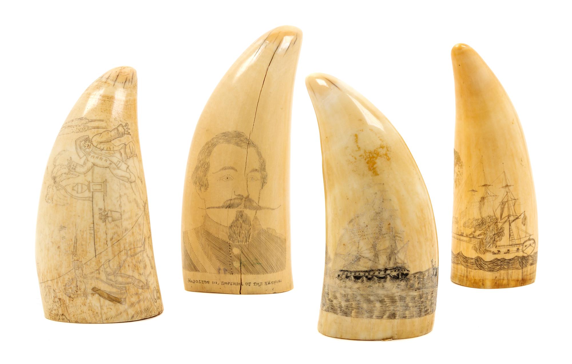 Four Engraved Scrimshaw Whale Teeth Height of tallest 5 3/4 inches. — 19TH CENTURY