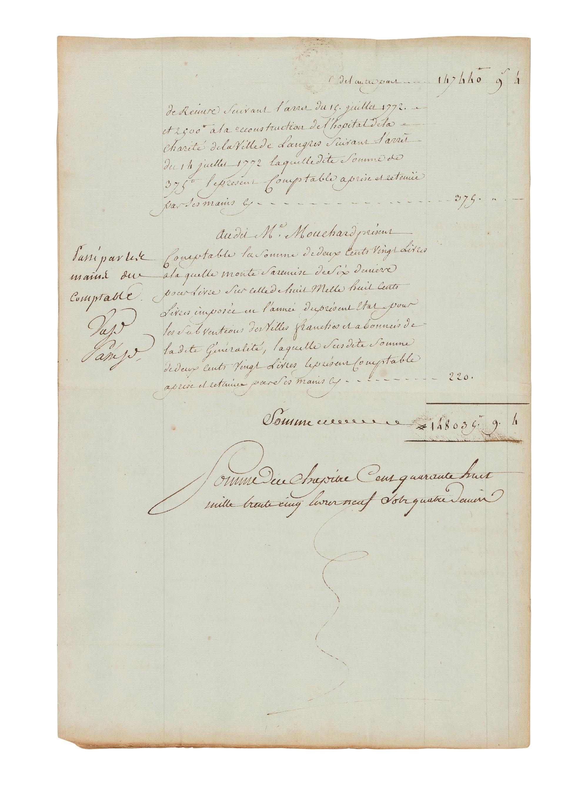 LOUIS XVI, King of France (1754-1793). Document signed ("Louis"), 23 December 1783. Countersigned by several ministers.