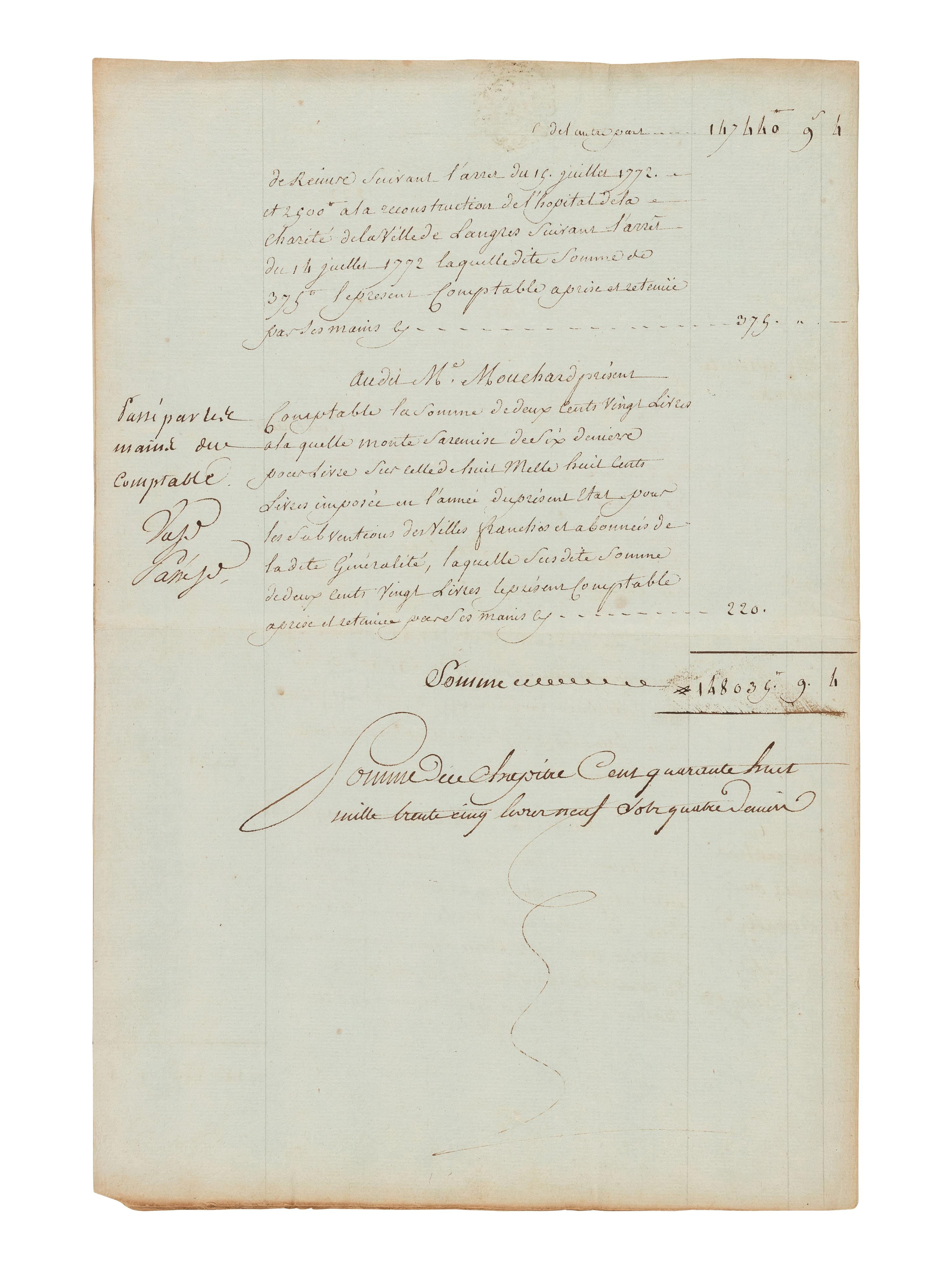 LOUIS XVI, King of France (1754-1793). Document signed ("Louis"), 23 December 1783. Countersigned by several ministers.