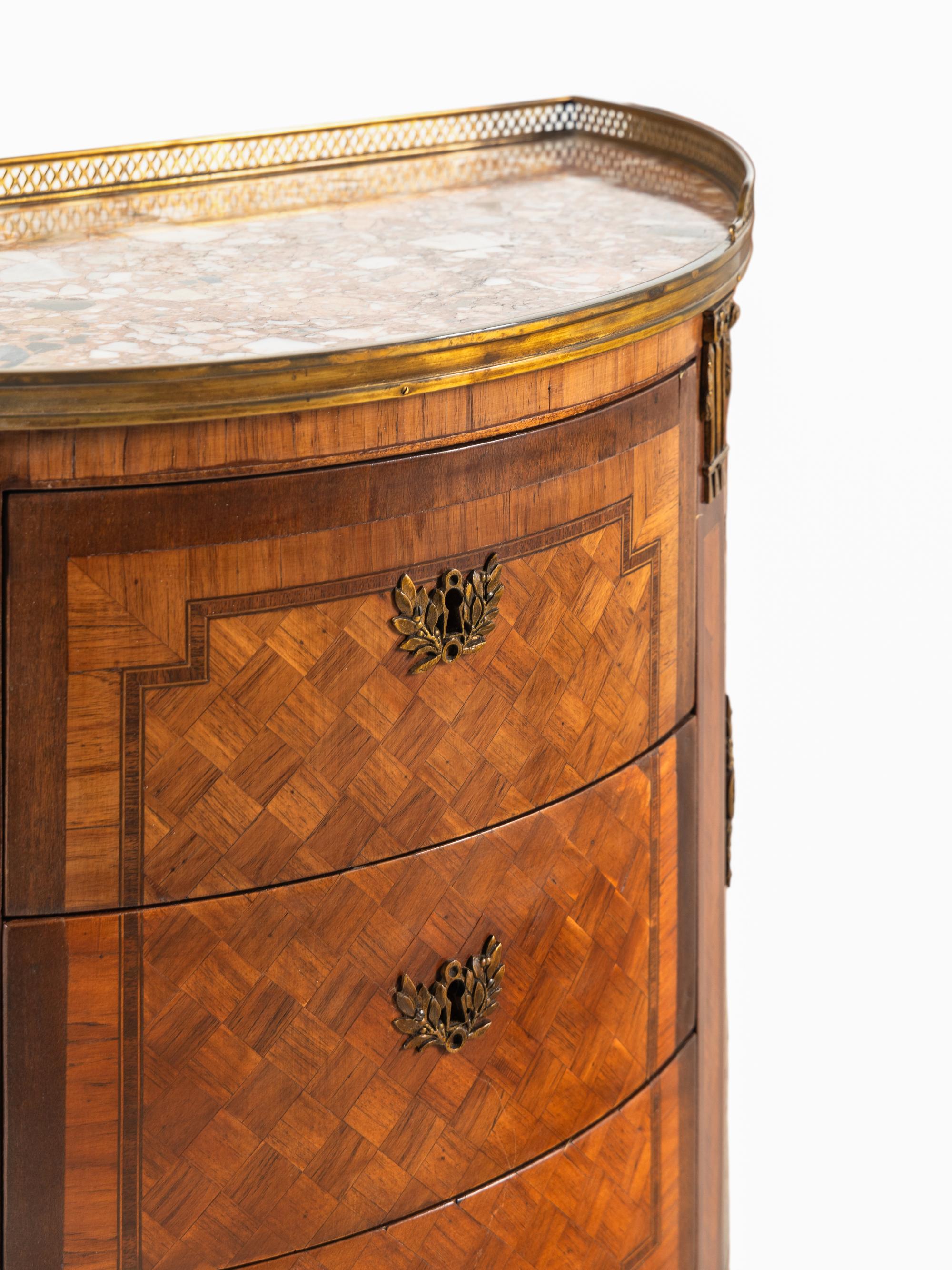 A Pair of Louis XV/XVI Transitional Style Parquetry Marble-Top Side Cabinets