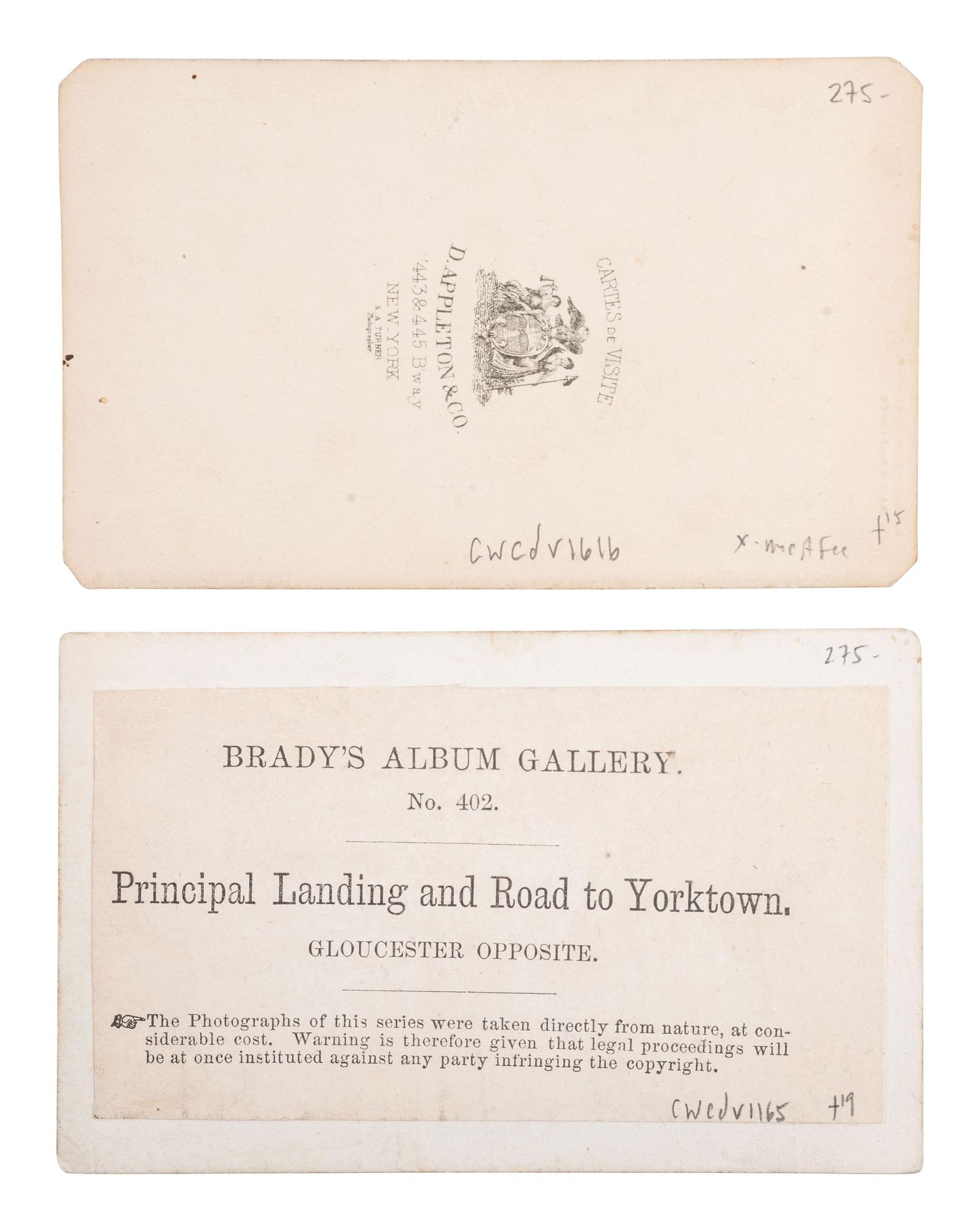 [CIVIL WAR]. BRADY, Mathew, photographer. 2 CDVs of military activity in Virginia.
