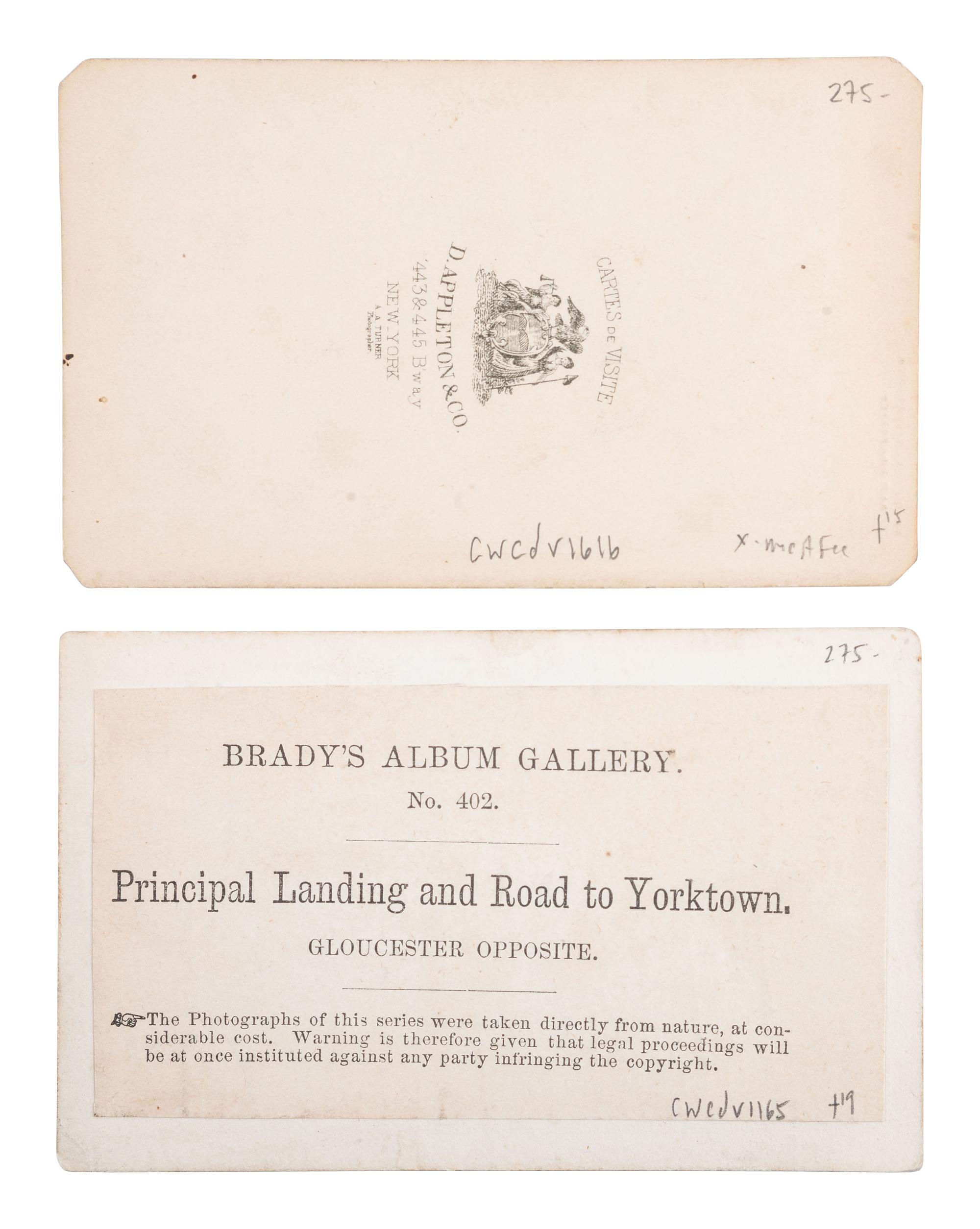 [CIVIL WAR]. BRADY, Mathew, photographer. 2 CDVs of military activity in Virginia.
