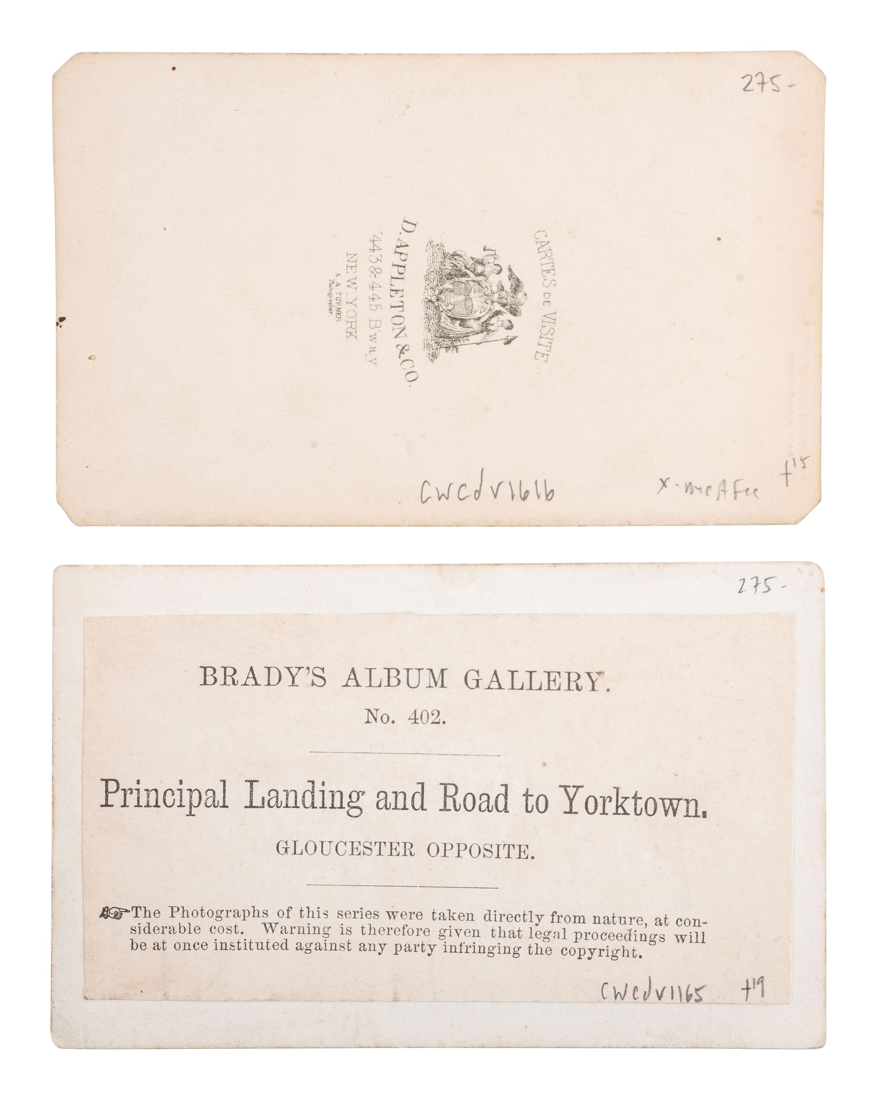 [CIVIL WAR]. BRADY, Mathew, photographer. 2 CDVs of military activity in Virginia.