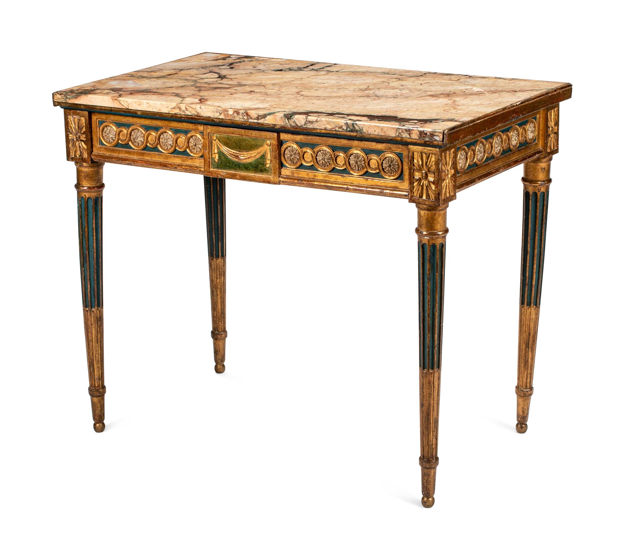 A Louis XVI Style Painted and Parcel Gilt Marble-Top Table