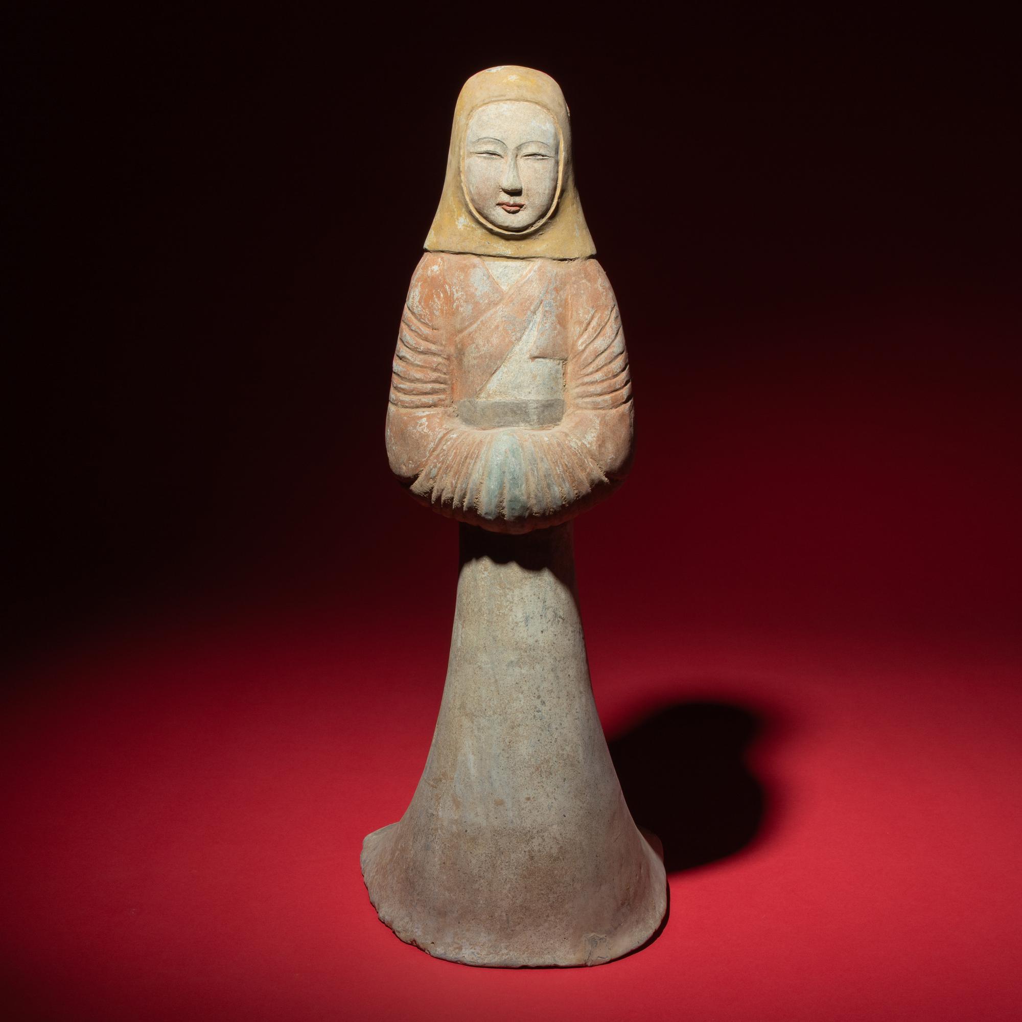 A Large Chinese Painted Pottery Standing Lady Wearing a Hood, Han Dynasty — 漢 大型灰陶彩繪風帽喇叭裙女俑