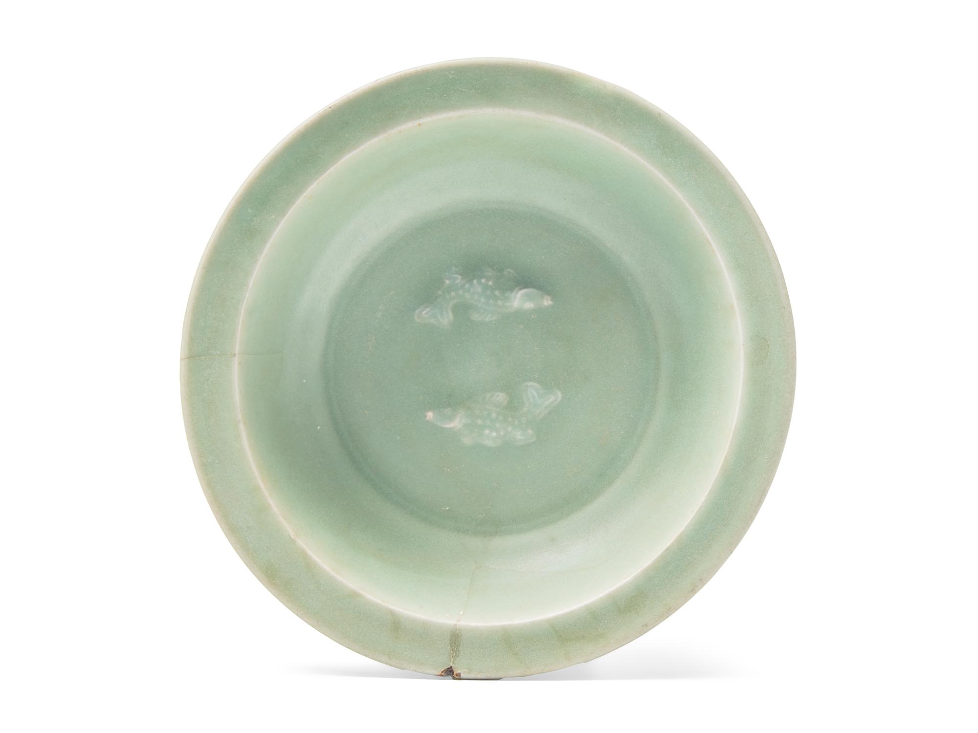 A Chinese Longquan Celadon Glazed Porcelain 'Double Fish' Dish, Ming Dynasty 明 龍泉窯青釉雙魚盤