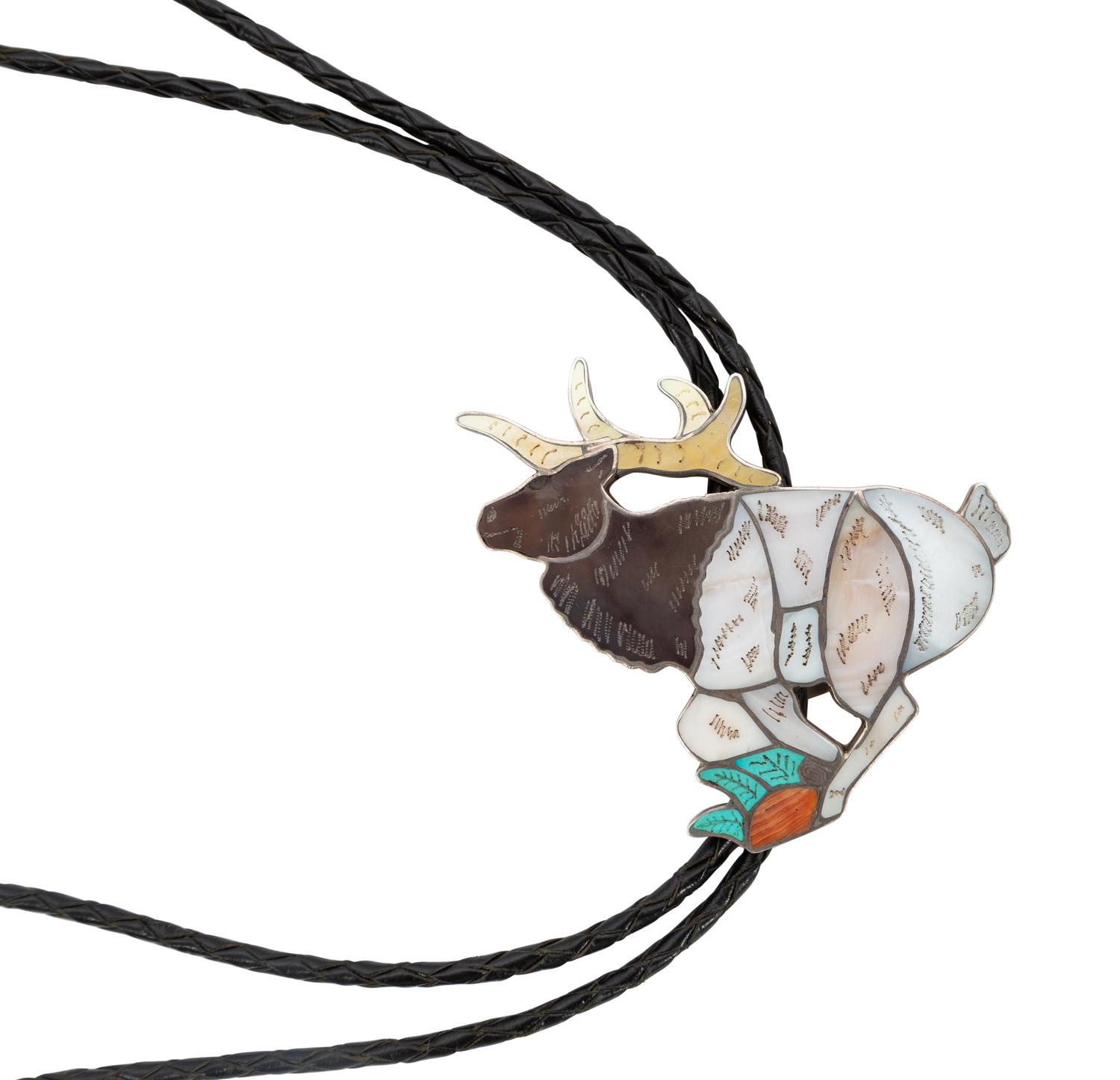 An Inlaid Silver Elk Bolo Tie by Joe Zun
