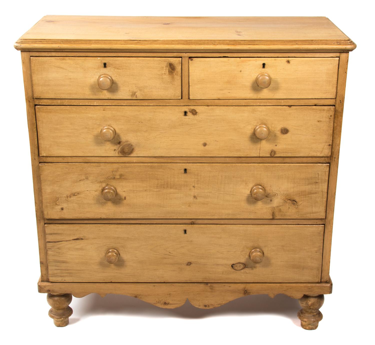 An English Pine Chest of Drawers Height 41 1/4 x width 41 3/4 x depth 18 1/4 inches. — 20TH CENTURY