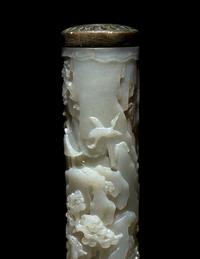 A Pair of Carved Celadon Jade Cylindrical Parfumiers