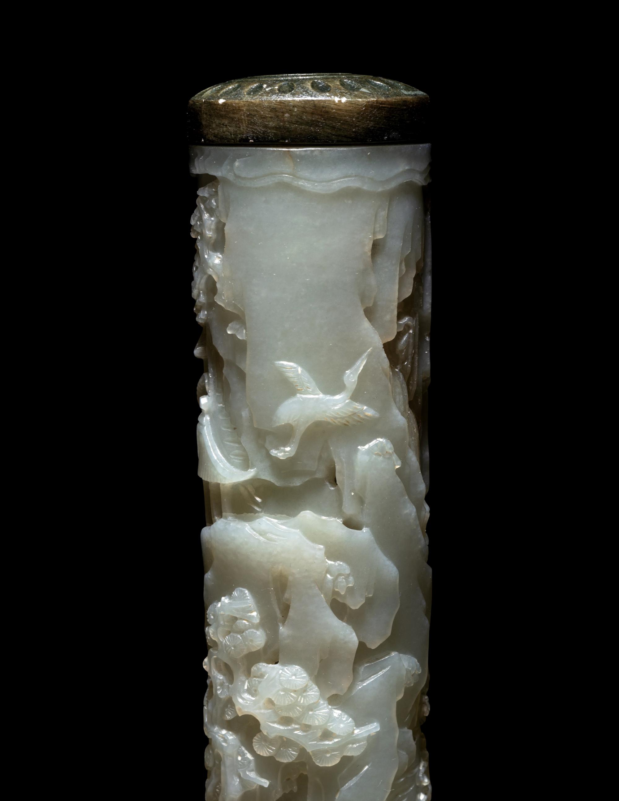 A Pair of Carved Celadon Jade Cylindrical Parfumiers
